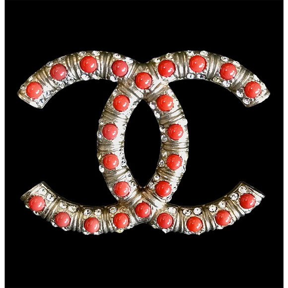 SOLD! CHANEL Red Coral Crystal Rhinestone Authentic Logo Brooch w Box/Bag/Ribbon - Picture 3 of 8